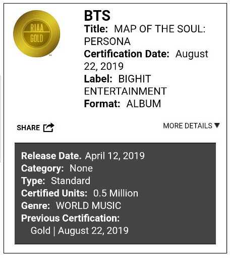 방탄소년단_RIAA 골드 인증