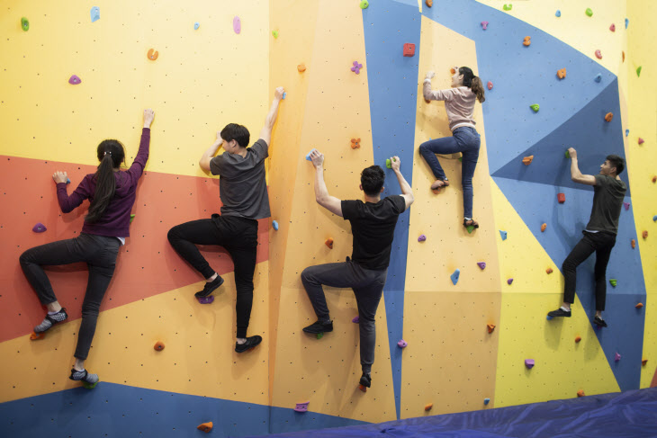 Young friends climbing a climbing wall at gym